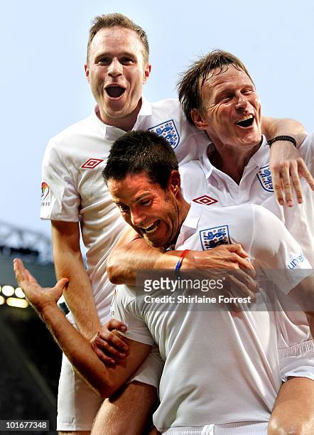 Olly Murs, Jamie Redknapp and Teddy Sheringham participate in Soccer Aid in aid of UNICEF at Old Trafford on June 6, 2010 in Manchester, England.