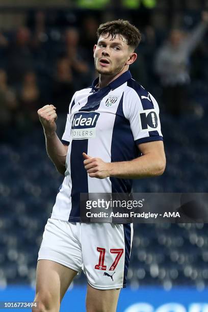 Oliver Burke of West Bromwich Albion celebrates after scoring a goal to make it 1-0 during the Carabao Cup First Round match between West Bromwich...