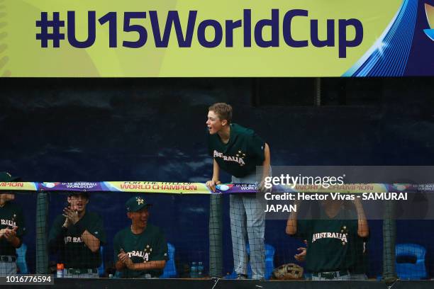 Players of Australia celebrate during the WBSC U-15 World Cup Group B match between Australia and Japan at Estadio Rico Cedeno on August 10, 2018 in...