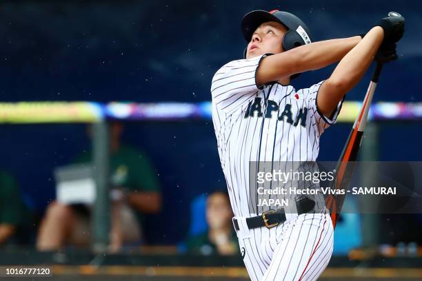 Ryoma Ikeda of Japan hits the ball during the WBSC U-15 World Cup Group B match between Australia and Japan at Estadio Rico Cedeno on August 10, 2018...