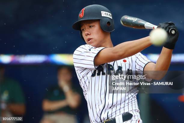 Ryoma Ikeda of Japan hits a foul ball during the WBSC U-15 World Cup Group B match between Australia and Japan at Estadio Rico Cedeno on August 10,...