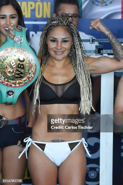 Mariana Juarez 'Barby' poses for photos during a weigh-in on August 10, 2018 in Mexico City, Mexico. Mariana 'Barby' Juarez of Mexico will fight...