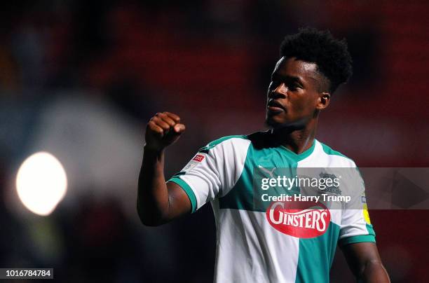 Ashley Smith-Brown of Plymouth Argyle celebrates during the Carabao Cup First Round match between Bristol City and Plymouth Argyle at Ashton Gate on...