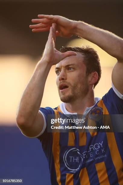 Shaun Whalley of Shrewsbury Town celebrates after scoring a goal to make it 1-0 in the evening dusk light during the Carabao Cup First Round match...