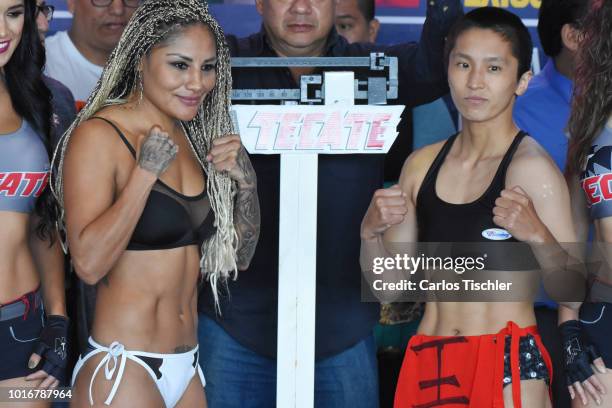 Mariana Juarez 'Barby' and Terumi Nuki pose for photos during a weigh-in on August 10, 2018 in Mexico City, Mexico. Mariana 'Barby' Juarez of Mexico...