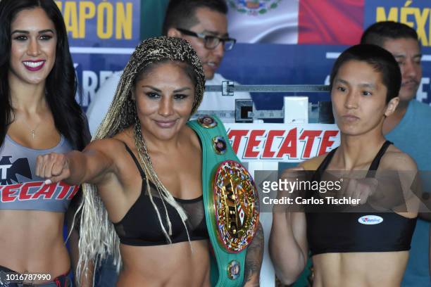 Mariana Juarez 'Barby' and Terumi Nuki pose for photos during a weigh-in on August 10, 2018 in Mexico City, Mexico. Mariana 'Barby' Juarez of Mexico...