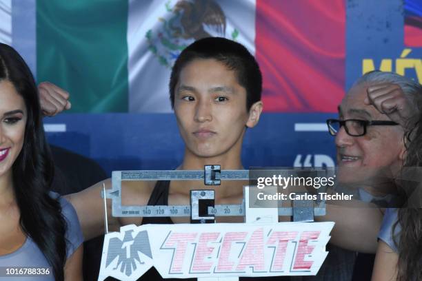 Terumi Nuki at weigh-in on August 10, 2018 in Mexico City, Mexico. Mariana 'Barby' Juarez of Mexico will fight against Terumi Nuki of Japan for the...