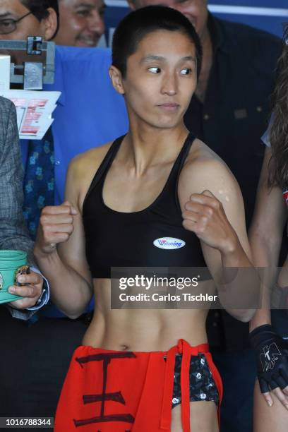 Terumi Nuki poses for photos during a weigh-in on August 10, 2018 in Mexico City, Mexico. Mariana 'Barby' Juarez of Mexico will fight against Terumi...