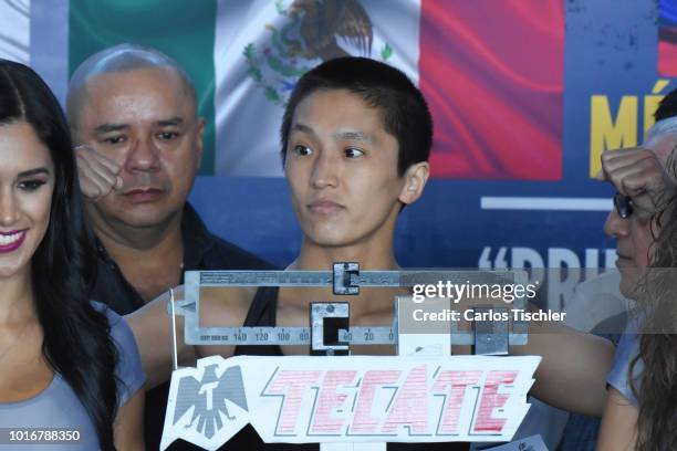 Terumi Nuki at weigh-in on August 10, 2018 in Mexico City, Mexico. Mariana 'Barby' Juarez of Mexico will fight against Terumi Nuki of Japan for the...