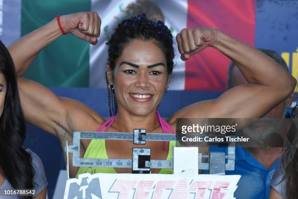 Alys Sanchez poses for photos during a weigh-in on August 10, 2018 in Mexico City, Mexico. Mariana 'Barby' Juarez of Mexico will fight against Terumi...