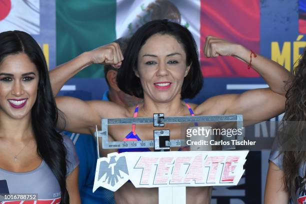 Jackie Nava poses for photos during a weigh-in on August 10, 2018 in Mexico City, Mexico. Mariana 'Barby' Juarez of Mexico will fight against Terumi...