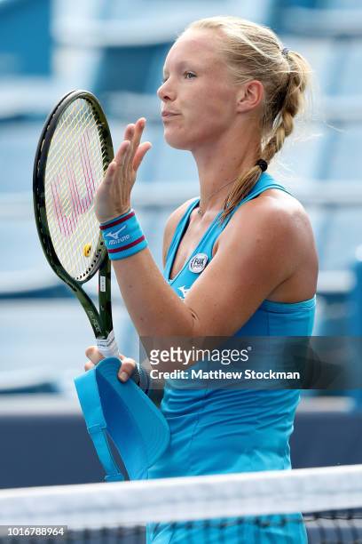 Kiki Bertens of Netherlands celebrates her win over CoCo Vandeweghe during the Western & Southern Open at Lindner Family Tennis Center on August 14,...