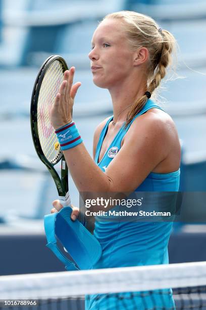 Kiki Bertens of Netherlands celebrates her win over CoCo Vandeweghe during the Western & Southern Open at Lindner Family Tennis Center on August 14,...