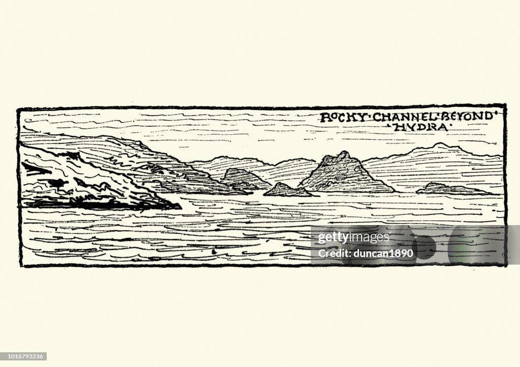 Sketch of Rocky coastline, Hydra, Greece, 19th Century