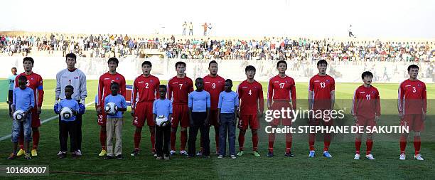 North Korea's defender Nam Song-Chol, goalkeeper Ri Myong-Guk, defender Ri Kwang-Chon, defender Cha Jong-Hyok, striker An Chol-Hyok, striker An...