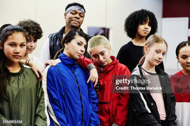 portrait of hip hop dance group in studio after practice - african kids stylish fotografías e imágenes de stock