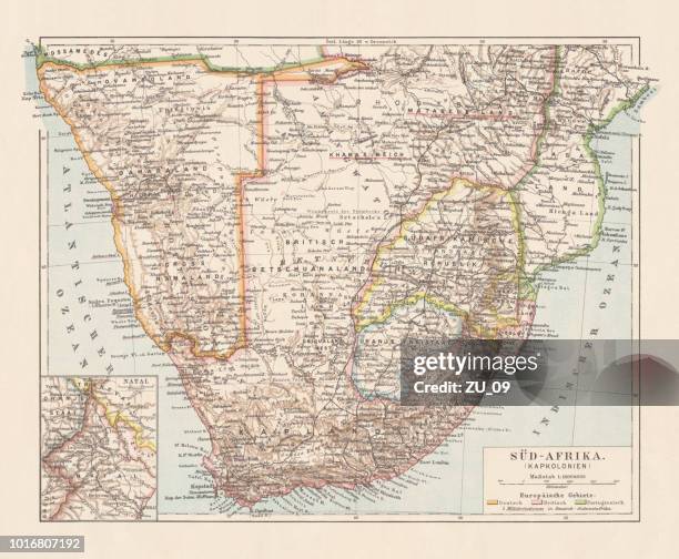 stockillustraties, clipart, cartoons en iconen met topografische kaart van zuid-afrika en namibië, lithografie, 1897 gepubliceerd - zimbabwe