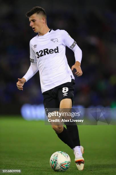 Mason Mount of Derby County controls the ball during the Carabao Cup First Round match between Oldham Athletic and Derby County at Boundary Park on...