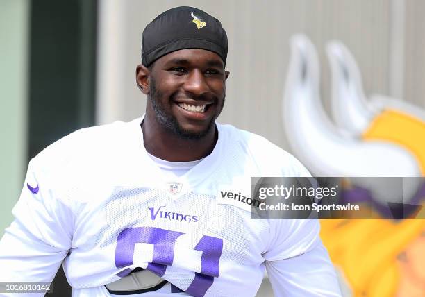 Minnesota Vikings Defensive End Stephen Weatherly takes the field during training camp on August 14, 2018 at Twin Cities Orthopedics Performance...