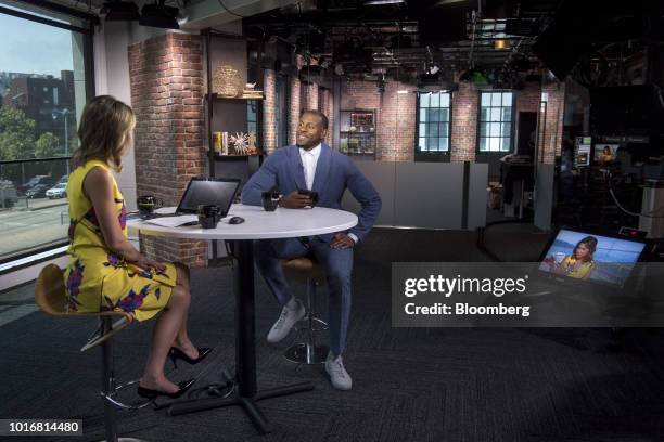 Andre Iguodala, a professional basketball player with the National Basketball Association's Golden State Warriors, speaks during a Bloomberg...