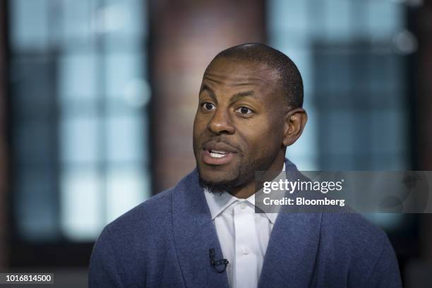 Andre Iguodala, a professional basketball player with the National Basketball Association's Golden State Warriors, speaks during a Bloomberg...