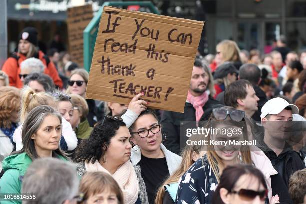 Teachers protest on August 15, 2018 in Napier, New Zealand. New Zealand primary school teachers and principals voted to go on strike - their first...