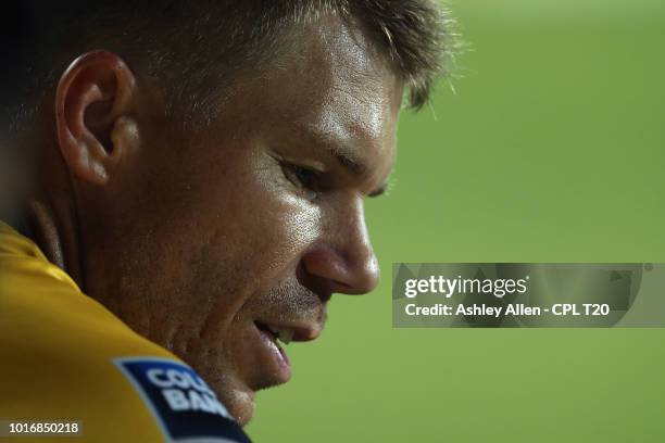 In this handout image provided by CPL T20, David Warner of St Lucia Stars during the Hero Caribbean Premier League match between Jamaica Tallawahs...