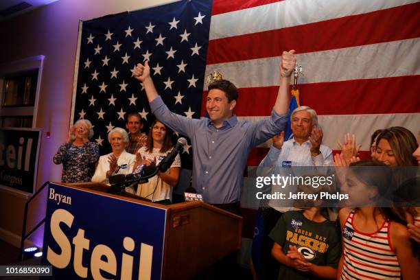 Republican candidate Bryan Steil for U.S. Congress gives a speech to supporters after winning in the Primary election on August 14, 2018 in...