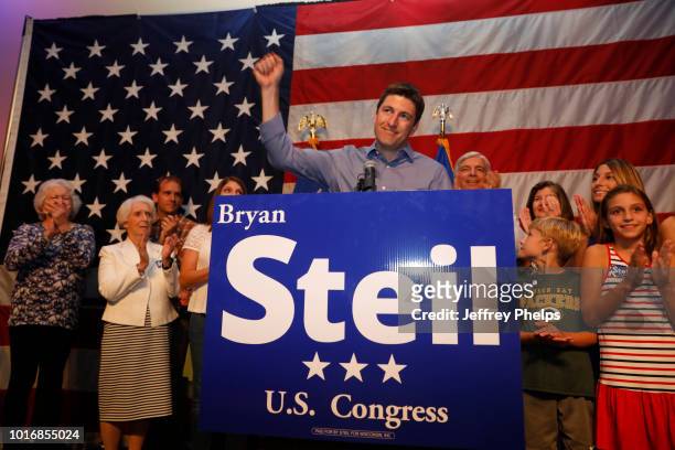Republican candidate Bryan Steil for U.S. Congress gives a speach to supporters after winning in the Primary election on August 14, 2018 in...