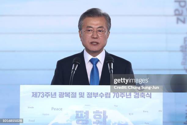 South Korean President Moon Jae-In speaks during the 73rd National Liberation Day at National Museum on August 15, 2018 in Seoul, South Korea. South...