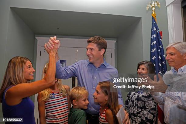 Republican candidate Bryan Steil for U.S. Congress celebrates with family after winning in the Primary election on August 14, 2018 in Burlington,...