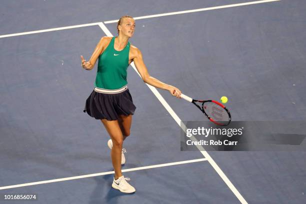 Petra Kvitova of the Czech Republic hits a ball to the crowd after defeating Serena Williams of the United States during Day 4 of the Western and...