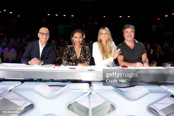 Live Quarter Finals 1" Episode 1311 -- Pictured: Howie Mandel, Mel B, Heidi Klum, Simon Cowell --