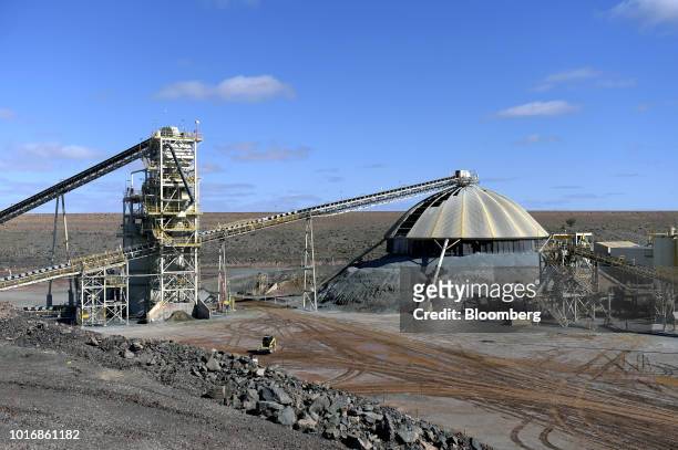 Ore moves along a conveyor at the processing plant of the Granny Smith gold mine , operated by Gold Fields Ltd., outside of Laverton, Western...