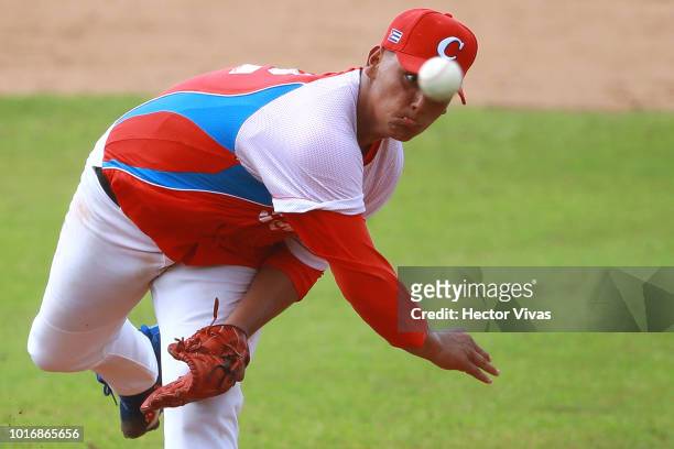 Brander Guevara of Cuba pitches during the WBSC U-15 World Cup Group B match between Netherlands and Cuba at Estadio Rico Cedeno on August 10, 2018...