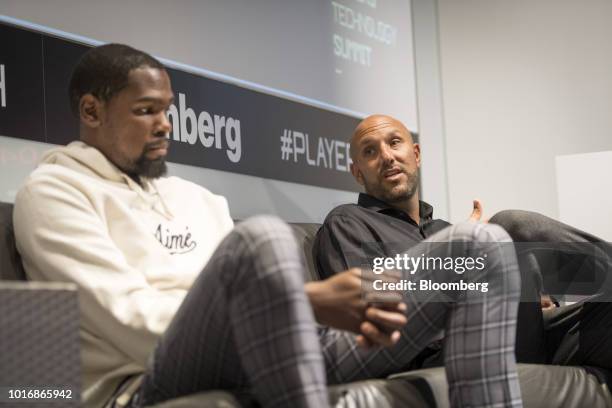 Rich Klieman, co-founder of The Durant Company, right, speaks as Kevin Durant, a professional basketball player with the National Basketball...