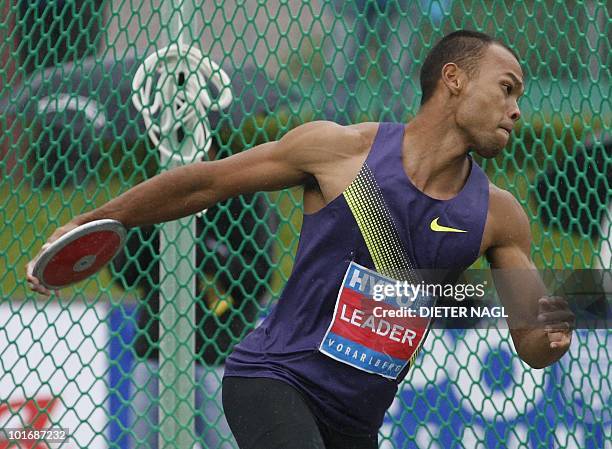 Bryan Clay throws a discus during the men's discus throw event at the second day of the Men's decathlon meeting held in Goetzis, Austria on May 30,...