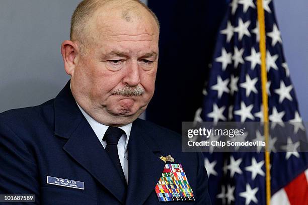 Coast Guard Admiral Thad Allen briefs reporters at the White House June 7, 2010 in Washington, DC. National incident commander over the federal...