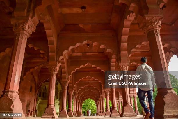 Man walks between the decorated columns and floral arches inside Diwan-i- Aam hall at Redfort complex in Delhi. Built from red sandstone in1639, the...