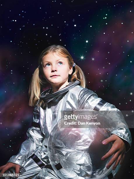 girl dressed as astronaut - kids astronomy stock pictures, royalty-free photos & images