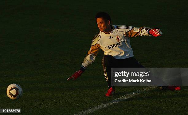 Yoshikatsu Kawaguchi watches a shot at goal pass him during a Japan training session at Outeniqua Stadium on June 7, 2010 in George, South Africa.