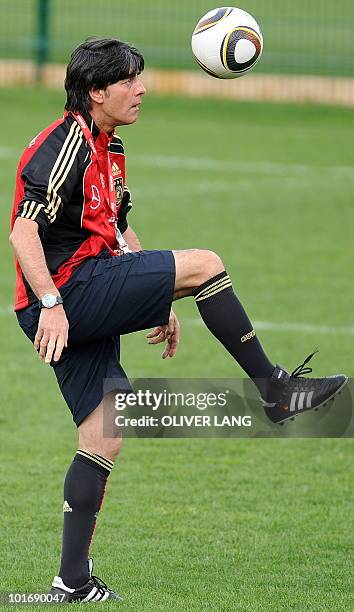 Germany's head coach Joachim Loew takes part in a training session in Appiano May 28, 2010. The German football team is currently taking part in a...