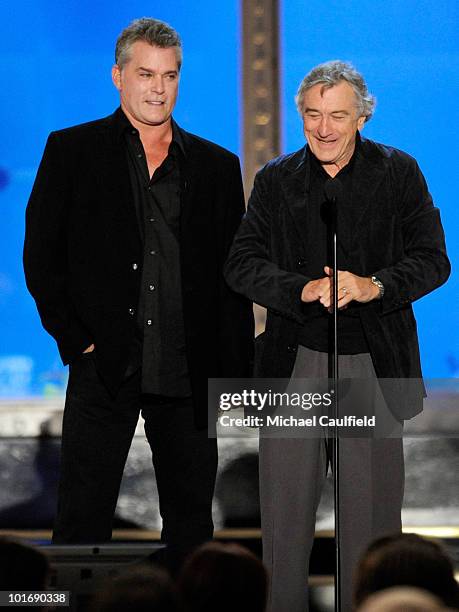 Actors Ray Liotta and Robert De Niro speak onstage during Spike TV's 4th Annual "Guys Choice Awards" held at Sony Studios on June 5, 2010 in Los...