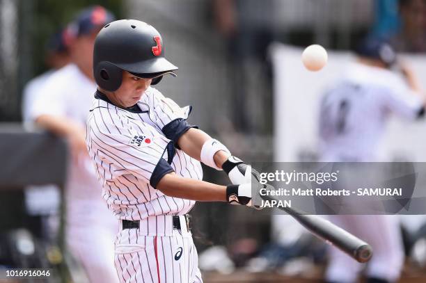 Shijiro Uno of Japan bats in the bottom of the first inning during the BFA U-12 Asian Championship Group A match between Sri Lanka and Japan at...