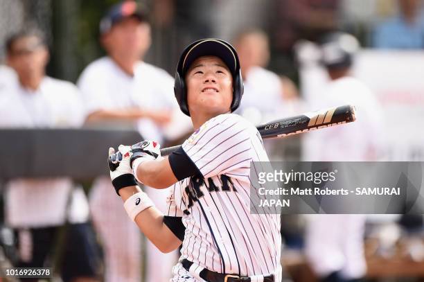 Taisei Kuriyama of Japan bats in the bottom of the fourth inning during the BFA U-12 Asian Championship Group A match between Sri Lanka and Japan at...