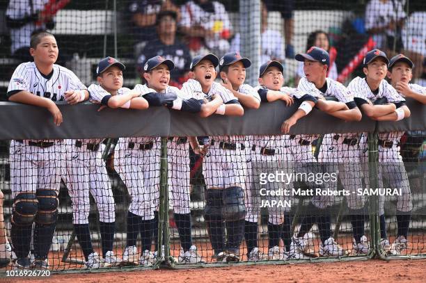Players of Japan react during the BFA U-12 Asian Championship Group A match between Sri Lanka and Japan at Xinsheng Park Baseball Field on August 15,...