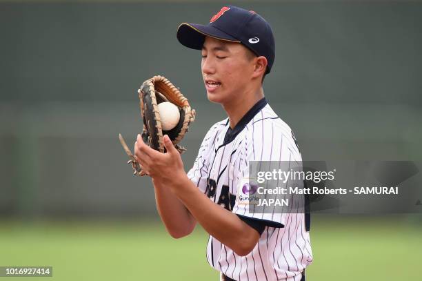 Shiryu Kato of Japan warms up on the field prior to the BFA U-12 Asian Championship Group A match between Sri Lanka and Japan at Xinsheng Park...