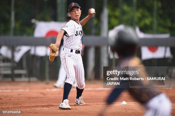 Opening pitcher, Shiryu Kato of Japan throws to first base in the top of the first inning during the BFA U-12 Asian Championship Group A match...