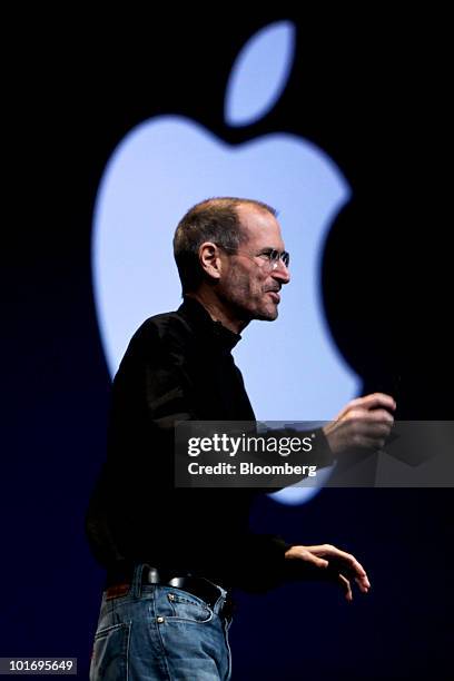 Steve Jobs, chief executive officer of Apple Inc., delivers his keynote address at the Apple Worldwide Developers Conference in San Francisco,...