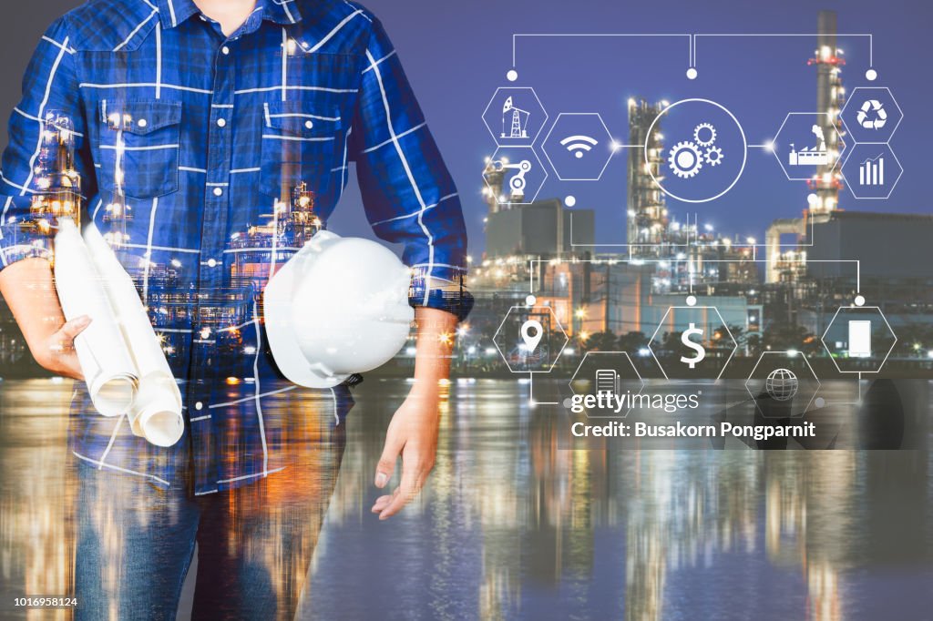 Industrial Instruments Background Double Exposure Of Engineer With Oil Refinery Industry Plant Background ...
